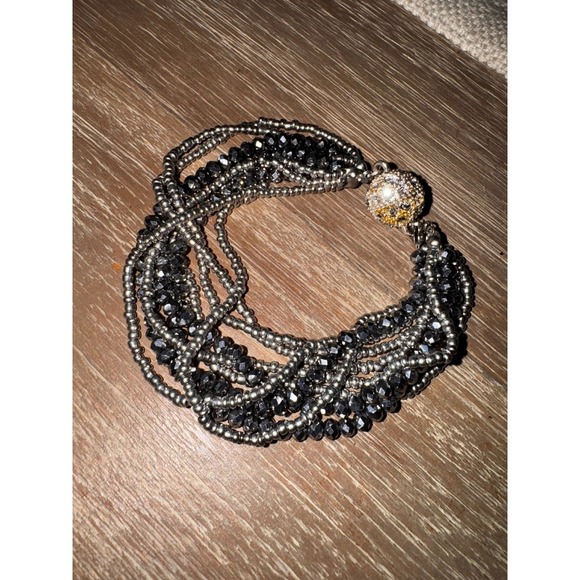 Black Beaded Bracelet Gold Pave Ball Clasp Multi Strand Statement Jewelry - Picture 1 of 6